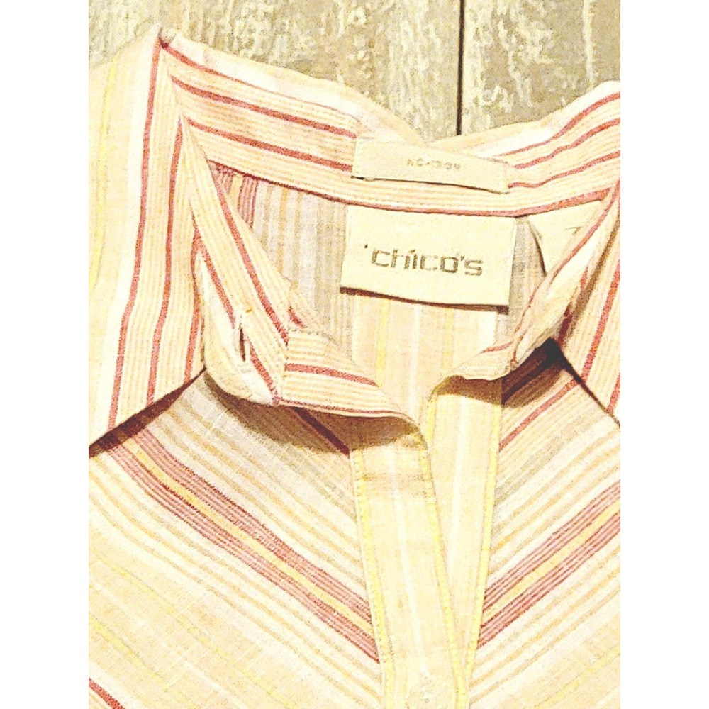Chico's 3 No-Iron Linen Blouse Striped  Peach Red 3/4 Sleeves‎ XL NWOT